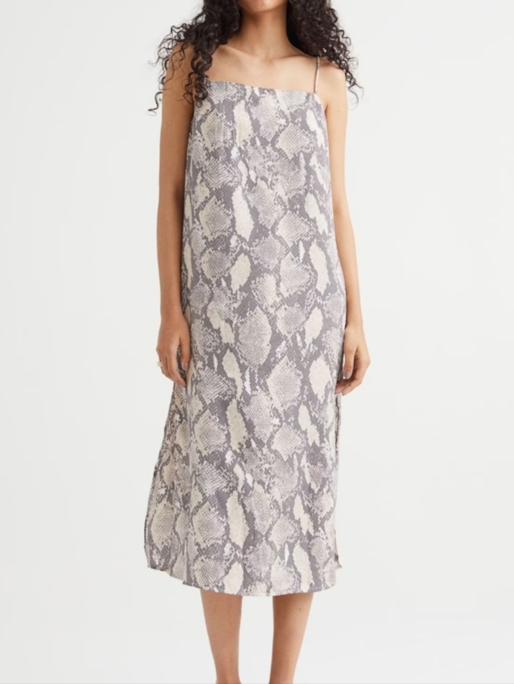 H&M Snake Print Slip Maxi Side Slit String  Dress Sz Small Gray and Cream